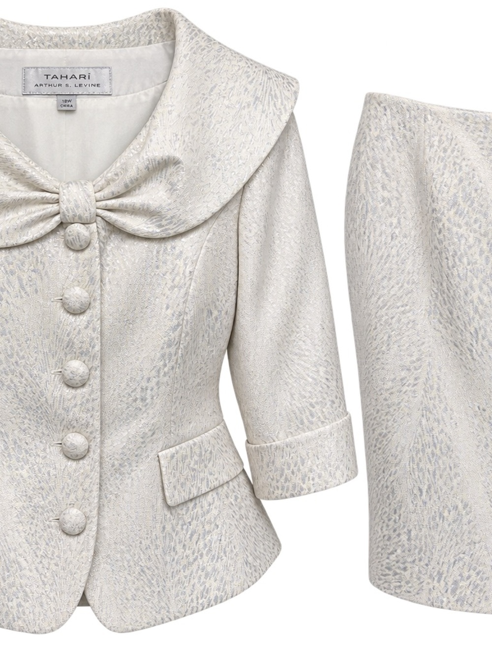 Tahari Ivory Textured Bow Collar Jacket